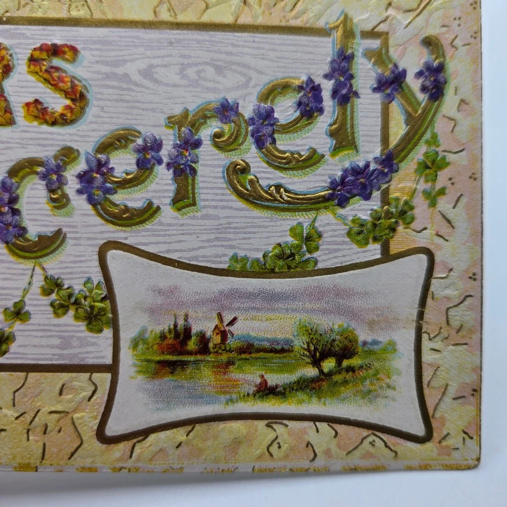 Antique Yours Sincerely Embossed Postcard Windmill Violets Printed in Germany‎